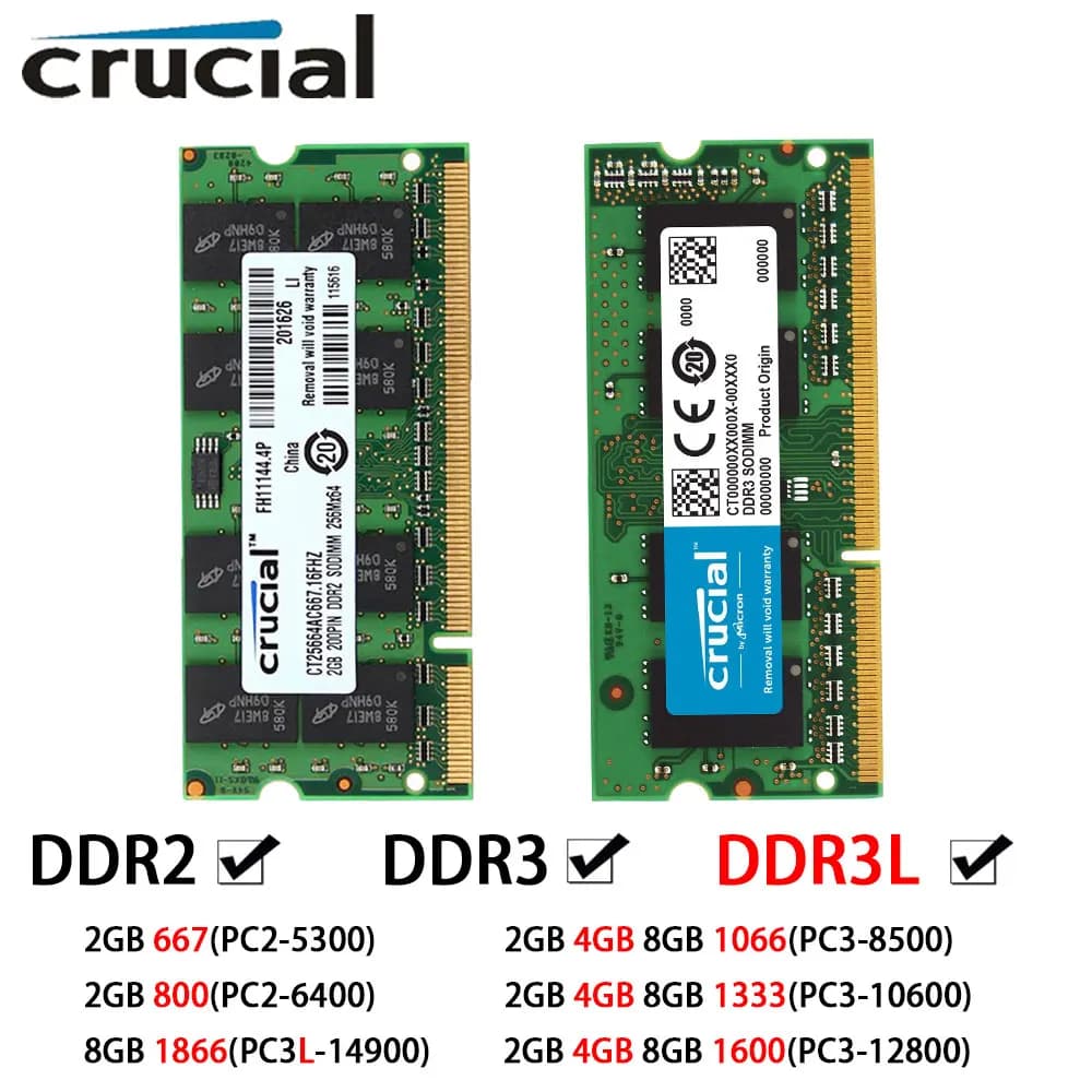 Crucial Memory DDR3 DDR3L DDR2 Laptop RAM 2GB 4G 8GB 667 800 1066 1333 1600 1866MHz SODIMM PC2-5300 PC3-12800 Notebook 1.35/1.5V