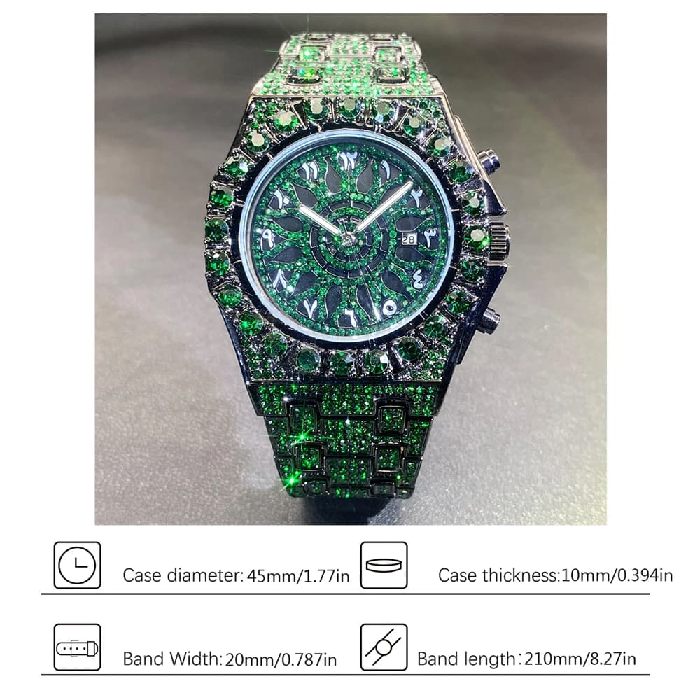MISSFOX Hip Hop Wristwatch For Men Luxury lce Out Full Diamond Watches Fashion Green Watch Wterproof Week Display Clock 2025 - 6