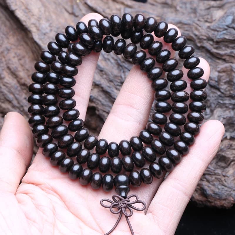 الطبيعية الأبنوس البوذية التبتية Sutra الجولة ستة أحرف الحقيقة الكلمات 6 مللي متر x 8 مللي متر 108 الخرز مالا قلادة التأمل الوردية - 5