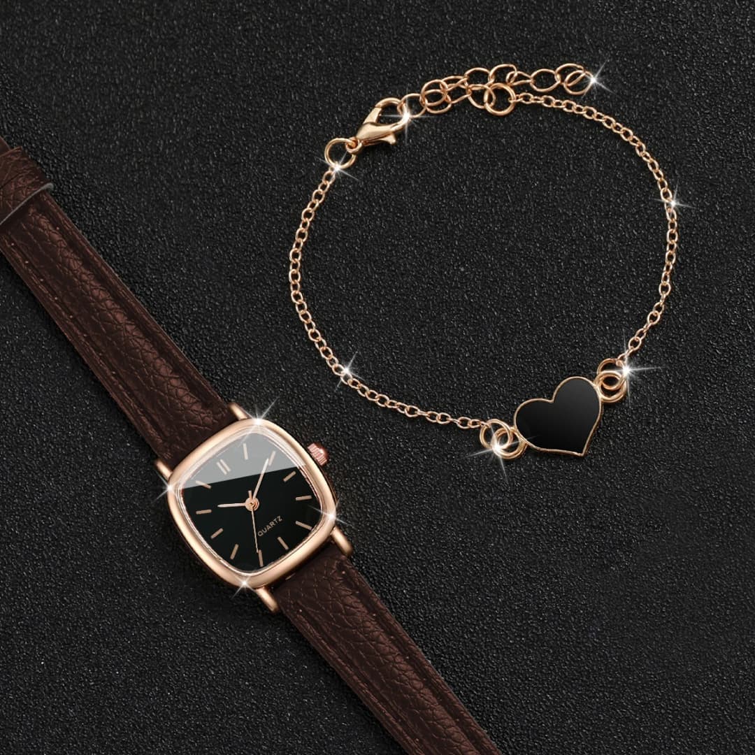 2PCS/Set Fashion Square Women Watch Leather Band Quartz Watches Heart Bracelet Set - 3