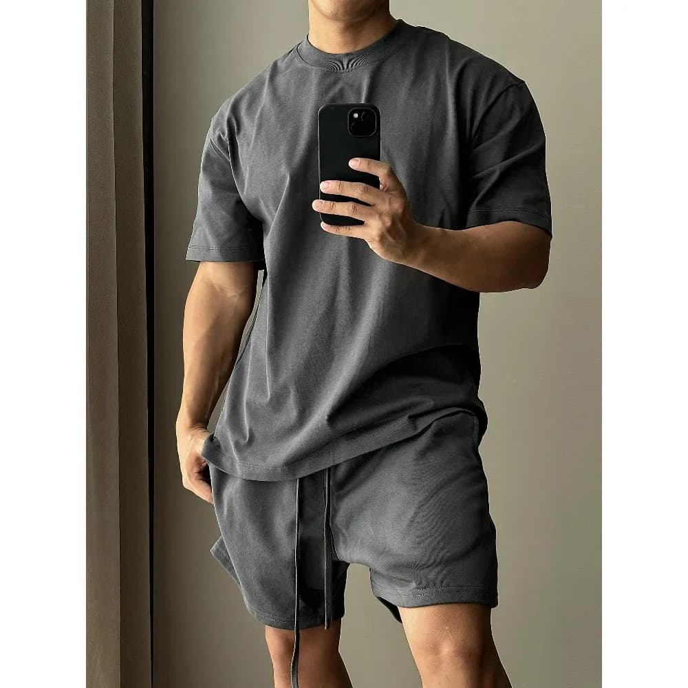 Men's Pure Cotton Short Sleeved Shorts Set, Trendy European and American High Street Loose Sports and Leisure T-shirt - 3