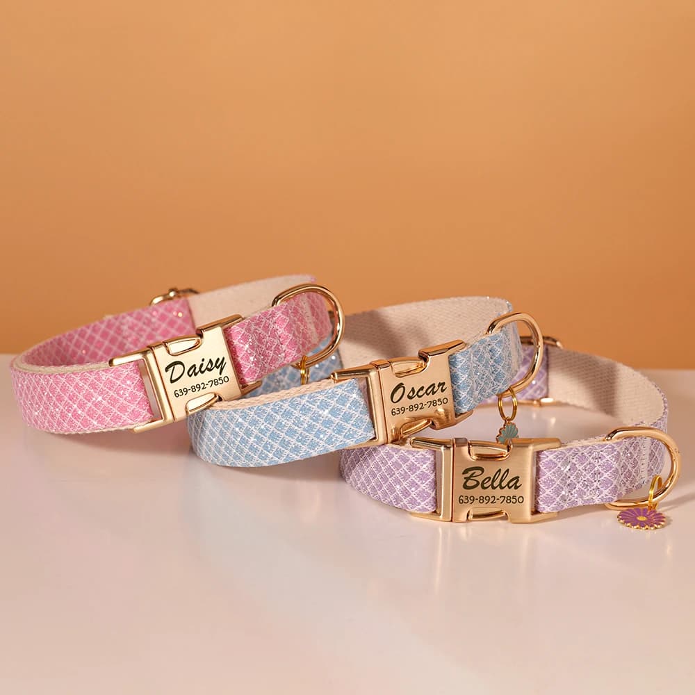 طوق كلاب مخصص من النايلون مع أزهار لطيفة، علامة اسم للحيوانات الأليفة، مناسب للكلاب الصغيرة والكبيرة تشيهواهوا - 3