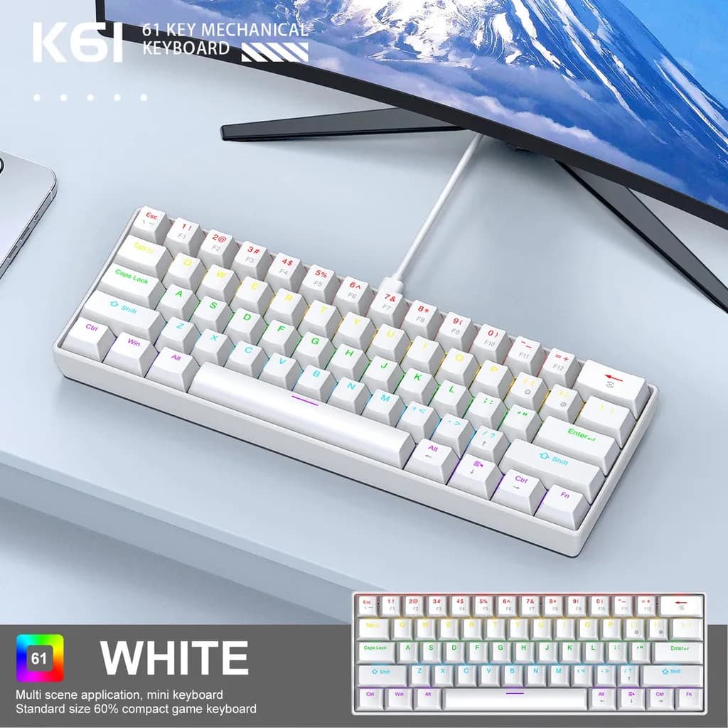 لوحة مفاتيح ميكانيكية سلكية APAYADO K61 - مدمجة 60% (61 مفتاح)، إضاءة خلفية RGB، تصميم محمول، مفاتيح Phantom، للألعاب - 2