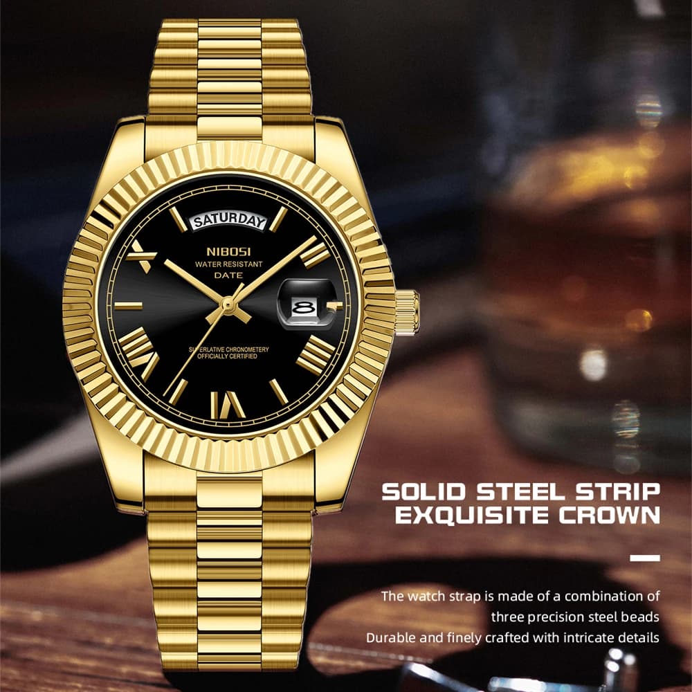 ساعة NIBOSI كوارتز للرجال فاخرة من أفضل الماركات ساعة يد يوم وتاريخ مضيئة مقاومة للماء من الفولاذ
