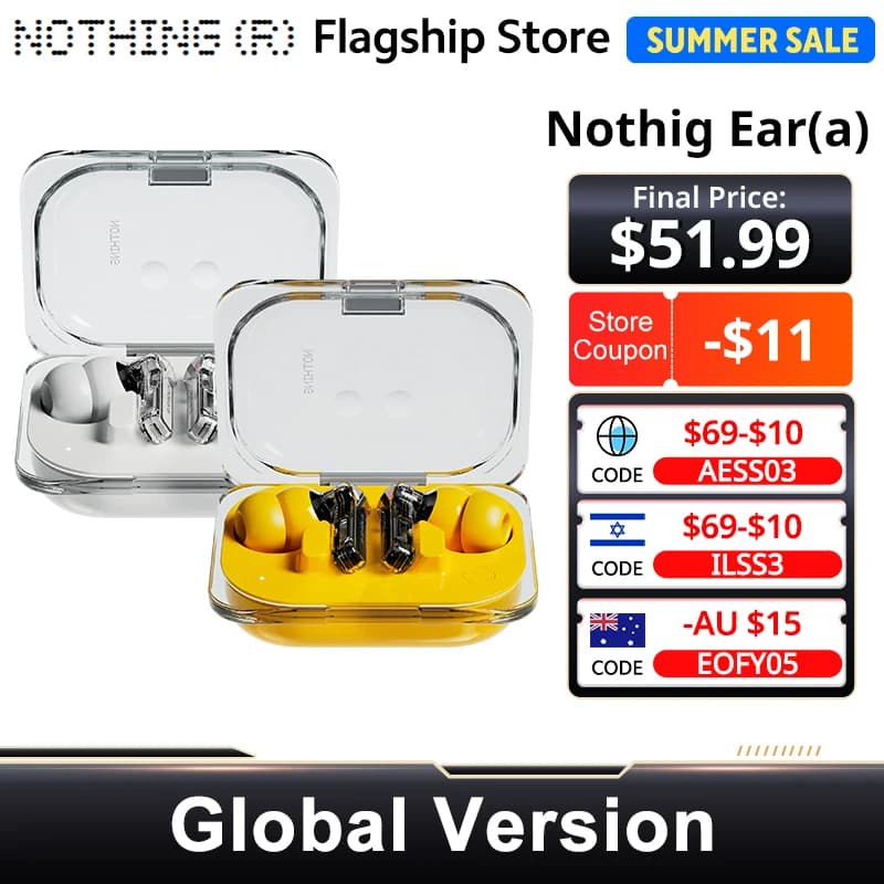 الإصدار العالمي Nothing Ear (a) سماعة بلوتوث  45dB إلغاء الضوضاء النشط ANC ديناميكي 42.5 ساعة استماع تصميم عصري
