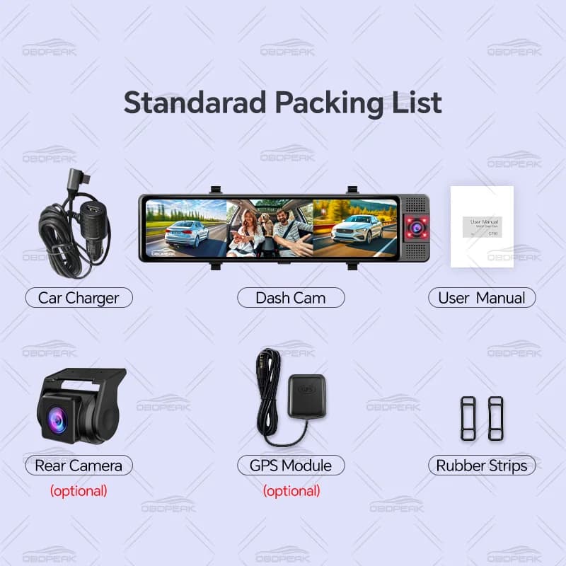 كاميرا لوحة قيادة OBDPEAK 3 بعدسات ثلاثية 4K، أمامية وداخلية وخلفية 1080P، مع GPS، رؤية ليلية، تسجيل فيديو، ومراقبة عند الوقوف - 6