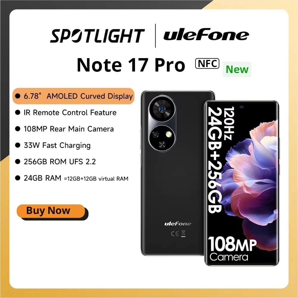 Ulefone Note 17 Pro 6.78" 120HZ AMOLED Curved Display 24GB+256GB MTK  Helio G99108MP Camera 5050mAh Global Versi