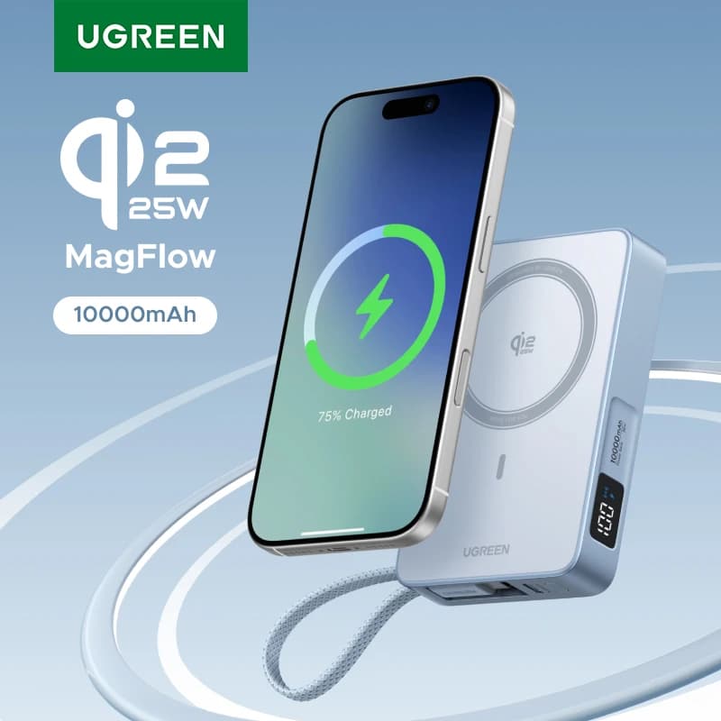 بنك طاقة UGREEN Qi2.2 بقوة 25 واط، شحن سريع 10000 مللي أمبير، كابل Type C، بطارية خارجية متوافقة مع آيفون 17 برو ماكس وماج سيف 30 واط
