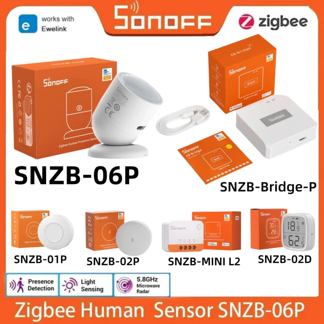 مفتاح SONOFF SNZB 06P وSNZB-03P وSNZB-04P وSNZB-02D ومستشعر وجود بشري Zigbee SONOFF Bridge Pro SNZB-06P