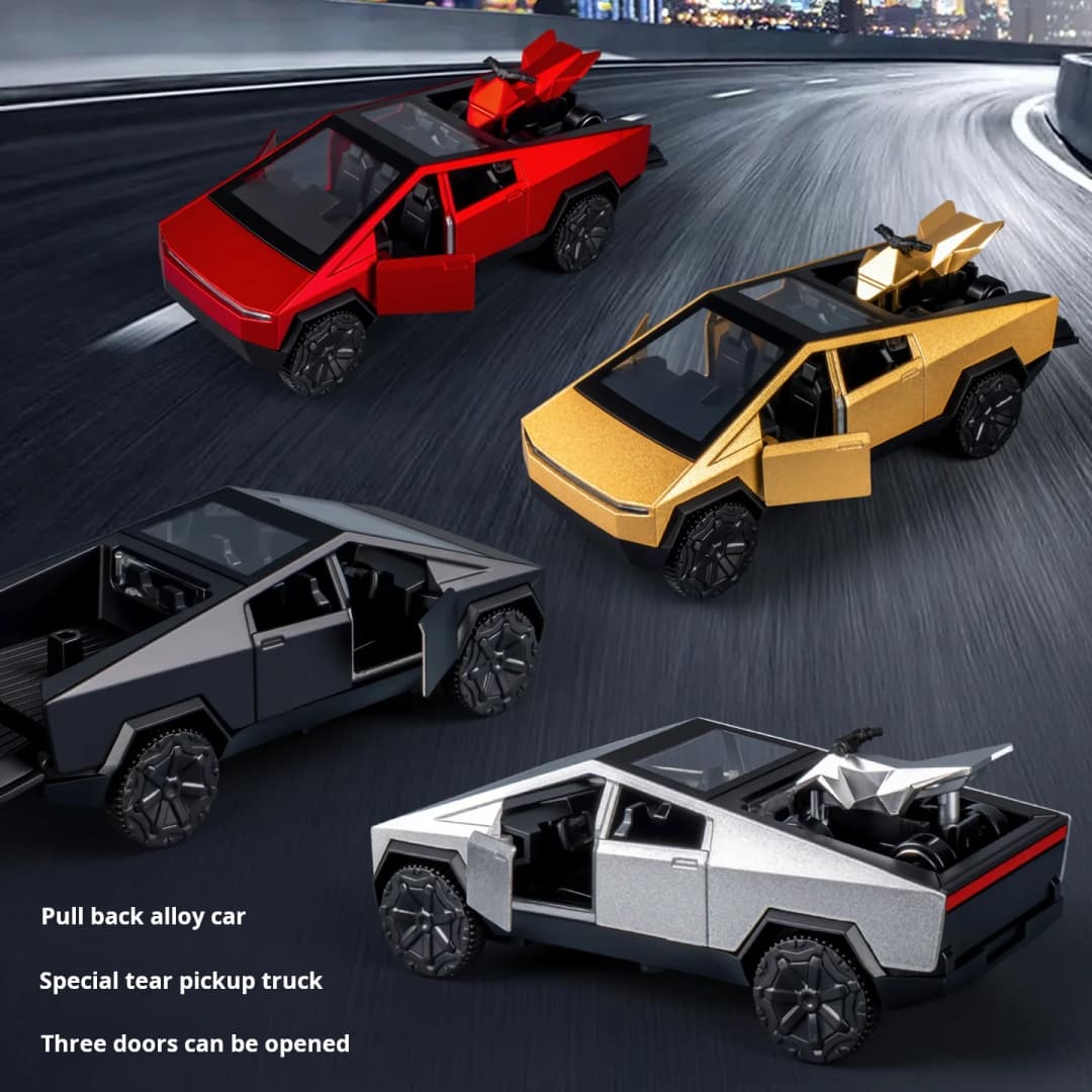 نموذج سيارة Cybertruck مقياس 1:36، مركبة طرق وعرة مع دراجة نارية، هدية عيد ميلاد للأولاد - 4
