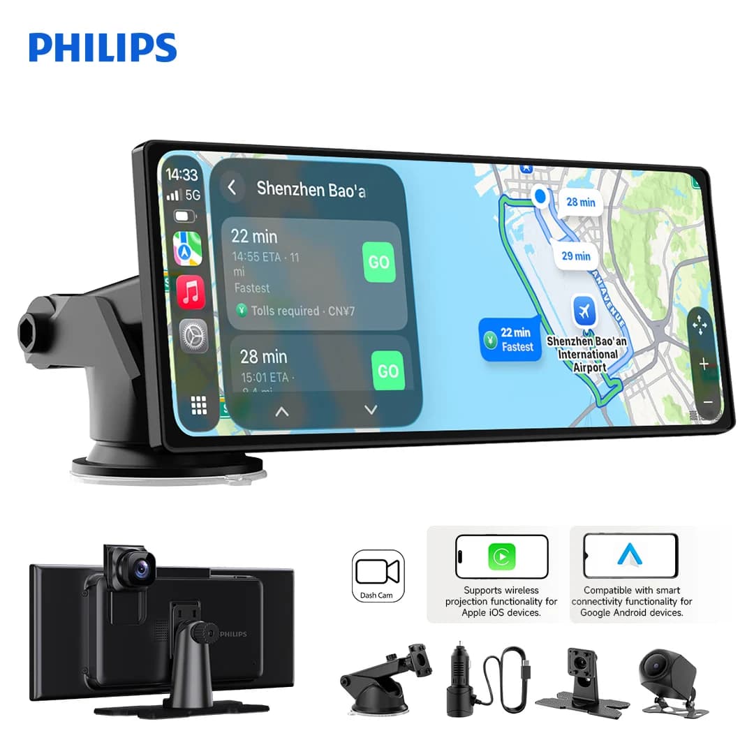 Philips 10.25-inch Smart Dash Cam Compatible with ISO Wireless CarPlay and Android Auto, Loop Recording, Built-in Speaker