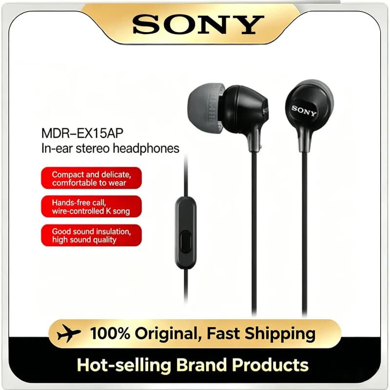 Original Sony MDR-EX15AP Wired Earphones HiFi Stereo Noise Cancelling Headset for Gaming Music