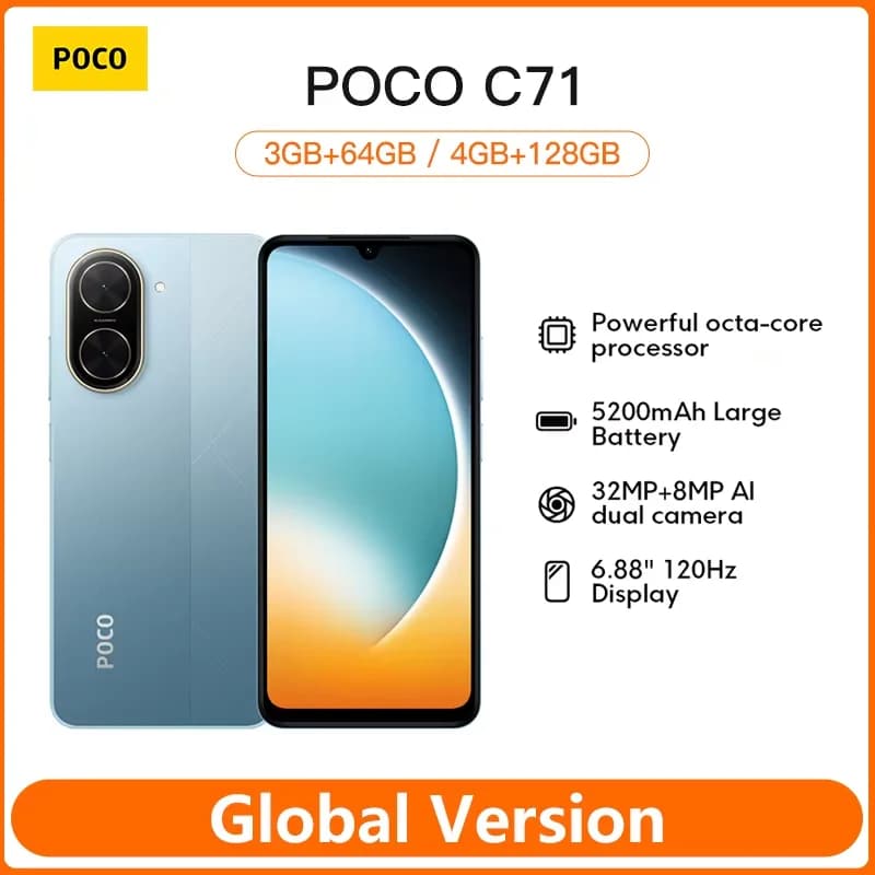 هاتف POCO C71 الذكي الإصدار العالمي شاشة 6.88 بوصة HD+ UNISOC T7250 بطارية 5200 مللي أمبير في الساعة شحن سريع 15 واط كاميرا مزدوجة 32 ميجابكسل ذكاء اصطناعي LCD