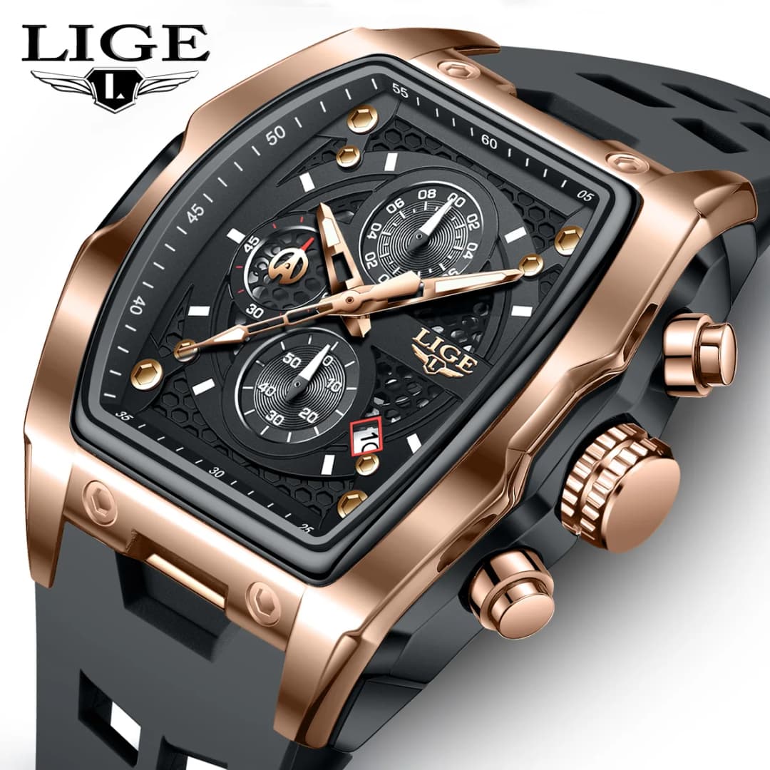 LIGE Men's Business Watch Waterproof Luminous Chronograph Date Quartz Movement Silicone Strap Wristwatch in Male+Box Packaging