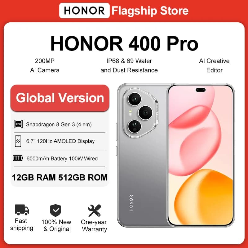 هونر 400 برو 5G، شاشة AMOLED 6.7 بوصة، 120 هرتز، كاميرا 200 ميجابكسل، معالج سناب دراجون 8 الجيل 3، بطارية 6000 mAh، شحن سلكي 100 واط، لاسلكي 50 واط، eSIM، NFC