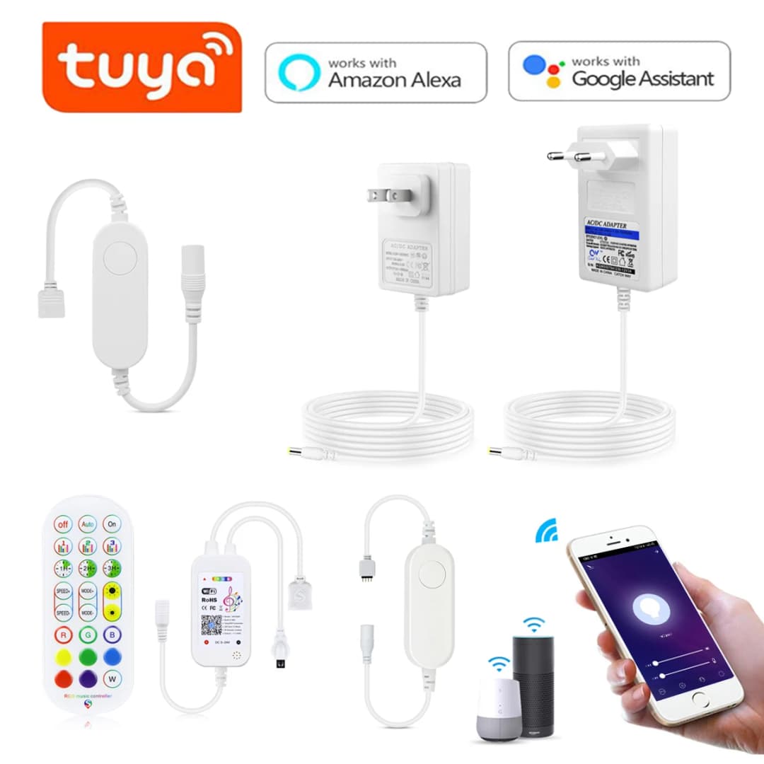 جهاز تحكم Tuya Smart Life عبر WiFi لإضاءة LED، تحكم أحادي اللون/RGB مع محول طاقة DC12V 2A/3A بقابس EU/US