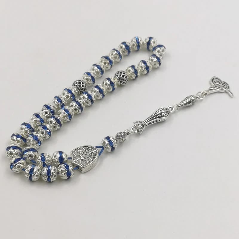 Women Tasbih Metal Silver Color Rosary Bead Inlaid Blue Crystal Black Crystal Muslim misbaha - 2