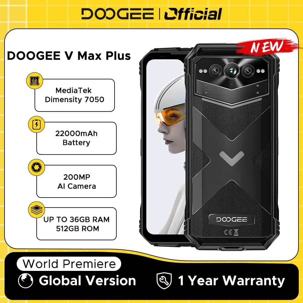 هاتف DOOGEE V Max Plus المتين لأول مرة في العالم ببطارية 22000 مللي أمبير وذاكرة 36 جيجابايت (16+20) وسعة تخزين 512 جيجابايت وكاميرا 200 ميجابكسل بشاشة 6.58 بوصة ومعدل تحديث 120 هرتز ومعالج Dimensity 7050 ونظام أندرويد 14