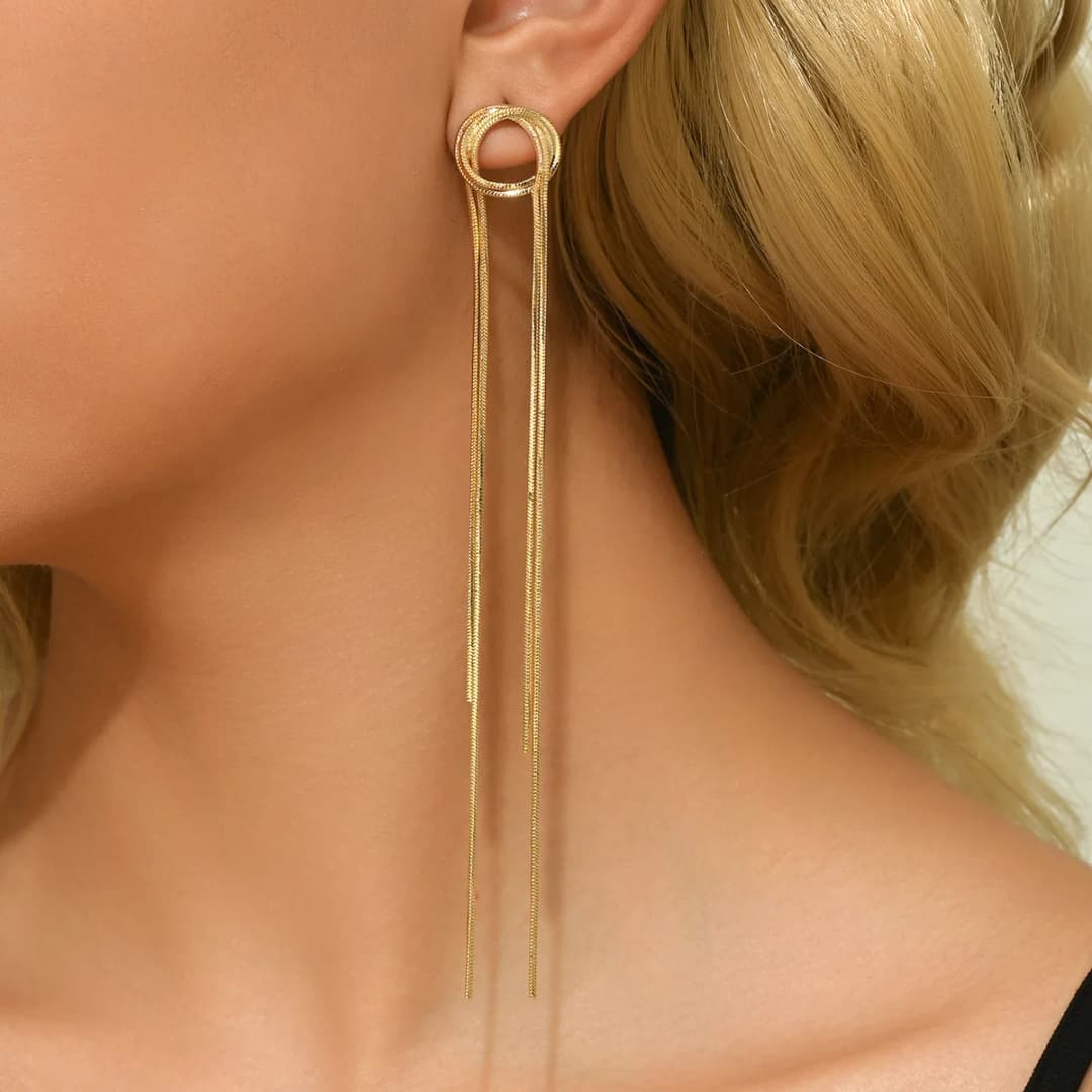 Luxury Aesthetic Gold Plated Geometric Long Tassel Earrings Stud for Women Ear Piercing Drop Wedding Party Jewelry Gift - 2