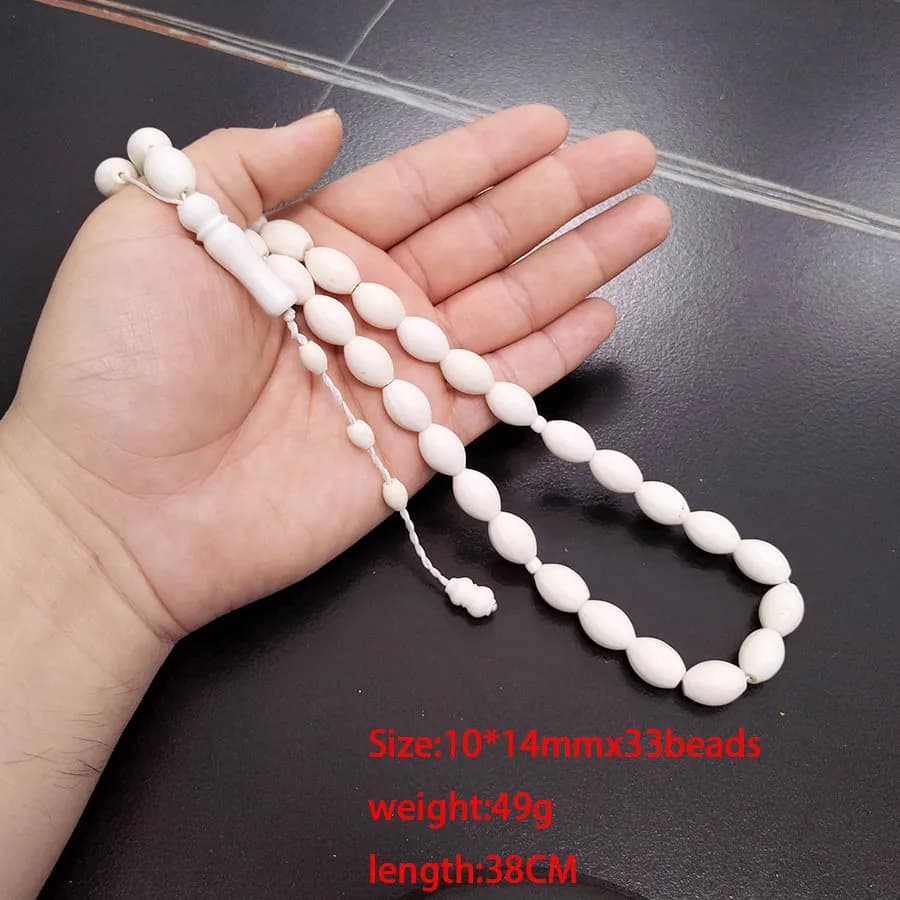 مسبحة من عظم الجمل الطبيعي، 33 حبة بيضاء، سوار على الموضة الإسلامية العربية - 4
