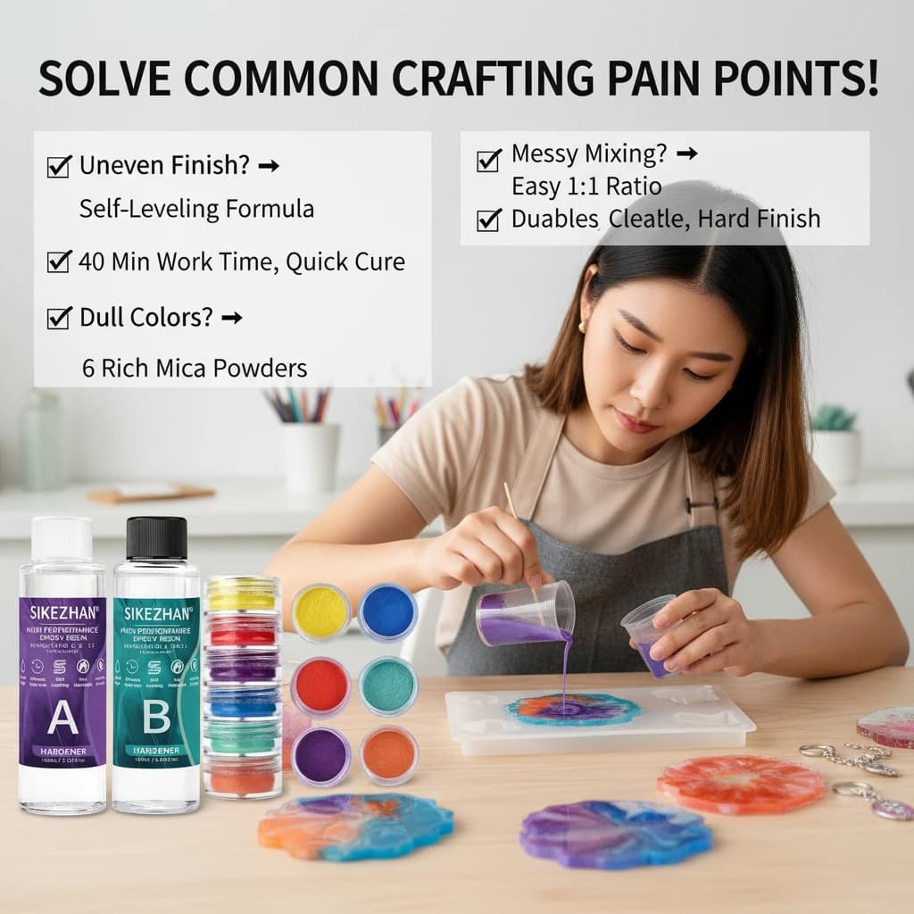 طقم راتنج إيبوكسي شفاف كالكريستال مع 6 ألوان من مسحوق الميكا، غراء AB خالٍ من الفقاعات لصناعة المجوهرات، فن الأظافر، الصابون والحرف اليدوية - 2