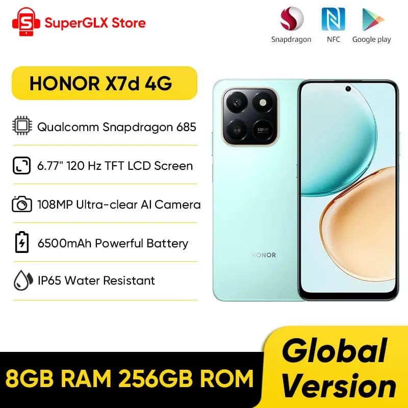 هاتف HONOR X7d 4G الإصدار العالمي بمعالج Qualcomm Snapdragon 685 وشاشة TFT LCD بحجم 6.77 بوصة وكاميرا 108 ميجابكسل وزر ذكاء اصطناعي فوري وبطارية 6500 مللي أمبير وتقنية NFC