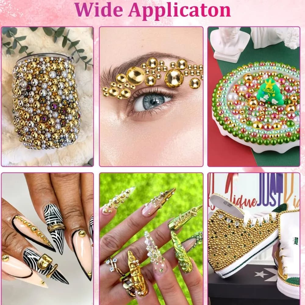 3Pcs/Set Gold Half Round Flatback Pearl Nail Charms - 12Grids Pearls Rhinestone Kits with Pickup Pencil & Tweezer Nail Art Tools - 6