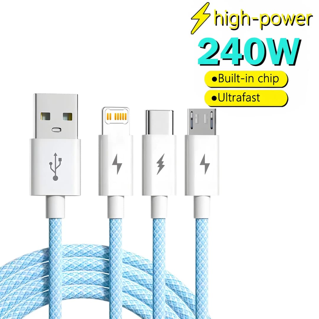240W 3-in-1 USB-C & Micro USB Fast Charger for iPhone Samsung Xiaomi Poco - High Speed Multi-Device Cable - 3