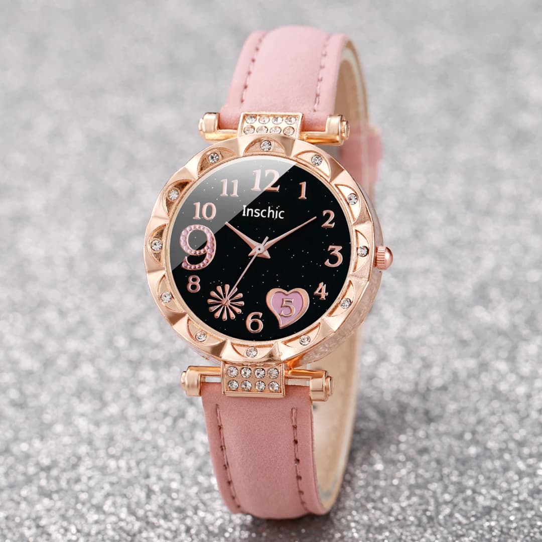 6PCS/Set Fashion Heart Dial Women's Watch Casual Leather Band Analog Quartz Watch Leaf Bracelets Set（Without Box） - 5