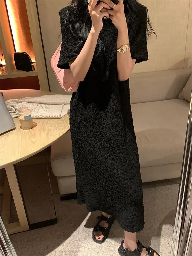 plus Size Casual T-Shirt Dress Women's Summer Lazy Style Loose Fit High Waist Short Sleeve round Neck Long Dress Korean Version