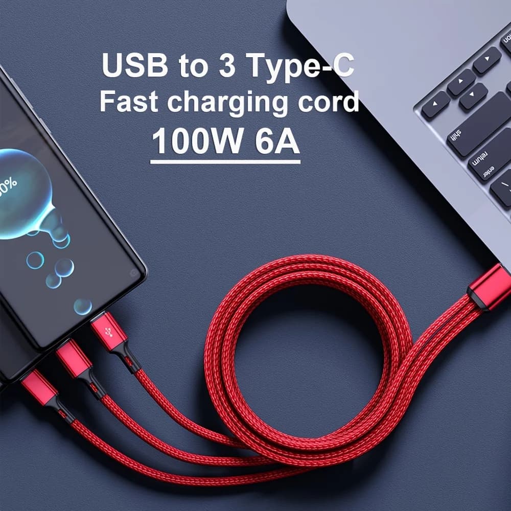 كابل شحن سريع متعدد المنافذ 3 في 1 USB-A إلى 3 × كابل شحن سريع من النوع C 100 وات 6A لهاتف Samsung Galacy S24 Xiaomi Redmi Huawei USB C كابل شحن - 3