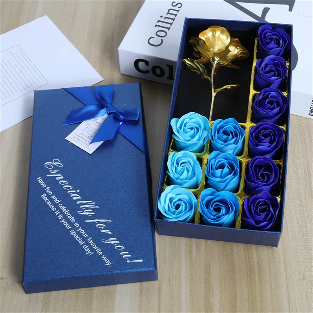 صندوق هدايا ورد صابون اصطناعي، زهرة من رقائق الذهب، 12 زهرة صابون ورد معطرة، ديكور منزلي، زفاف، هدية عيد الحب