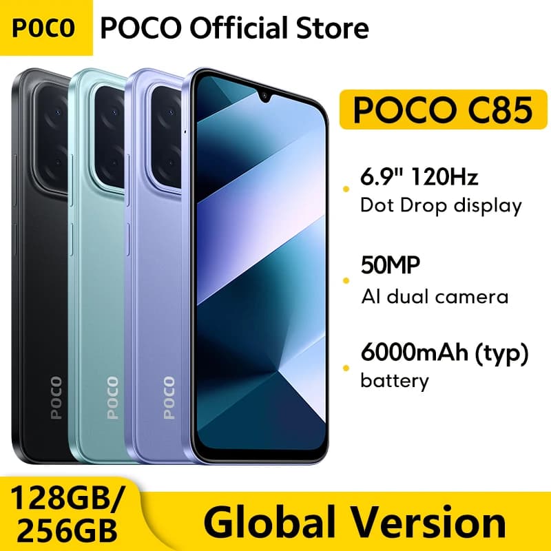 هاتف ذكي POCO C85 إصدار عالمي NFC 128GB 256GB معالج MediaTek Helio G81-Ultra شاشة 6.9 بوصة Dot Drop كاميرا رئيسية 50MP بطارية 6000mAh
