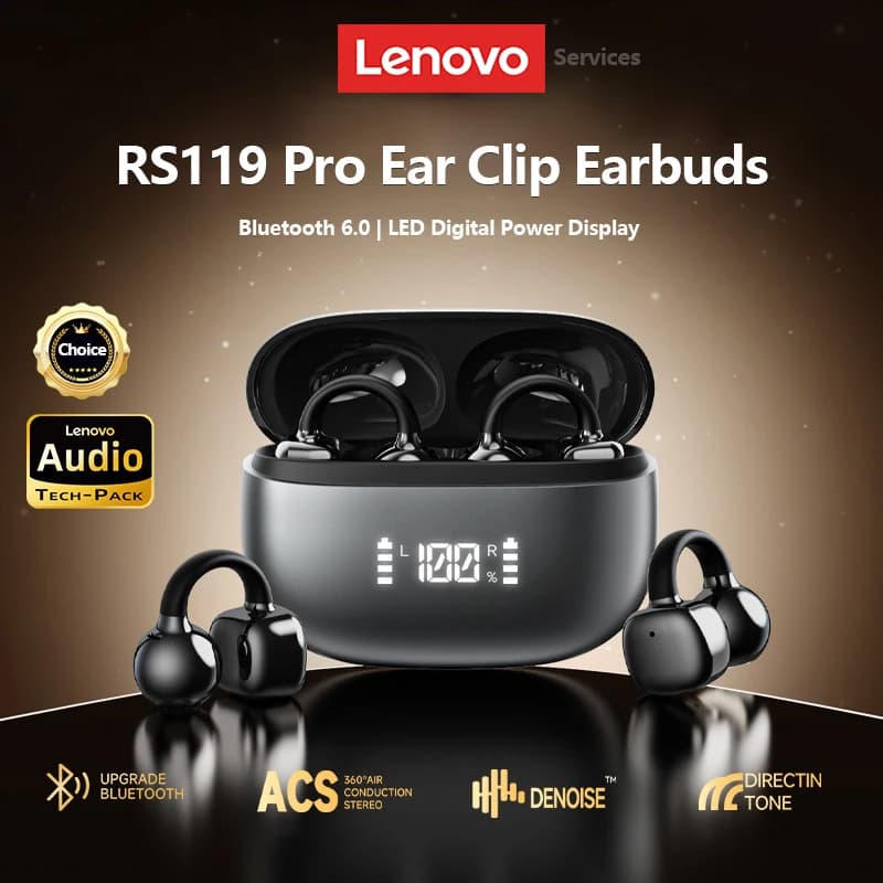 Lenovo Open Ear Wireless Earbuds Bluetooth 6.0 Comfort Clip On Gaming Sports Earphones LED Digital Power Display RS119 Pro - 2