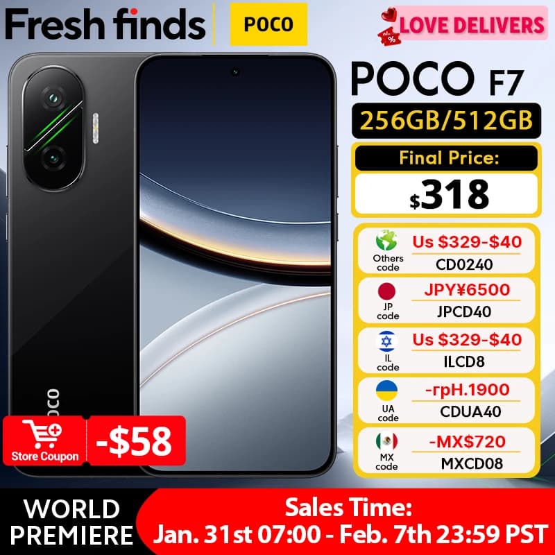 هاتف ذكي POCO F7 5G إصدار عالمي 256GB 512GB معالج Snapdragon® 8s Gen 4 شاشة 6.83 بوصة 1.5K AMOLED بطارية 6500mAh مقاومة للماء IP68 كاميرا 50MP OIS