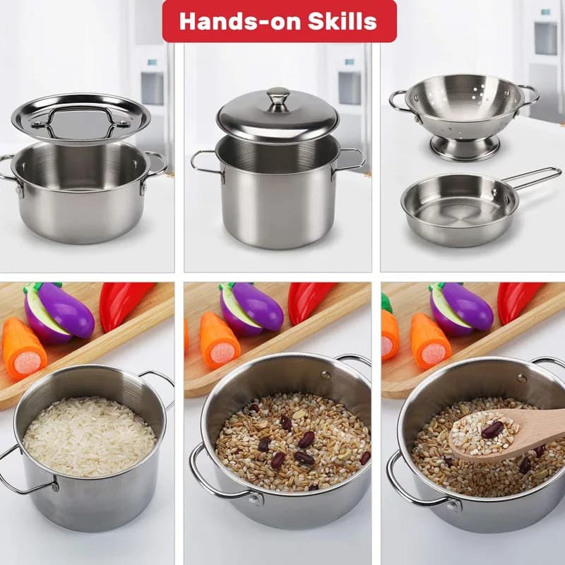 Kids Toy Pots and Pans Toys - Kitchen Play Set Pretend Cookware Mini Stainless Steel Cooking Utensils Development Toys - 4