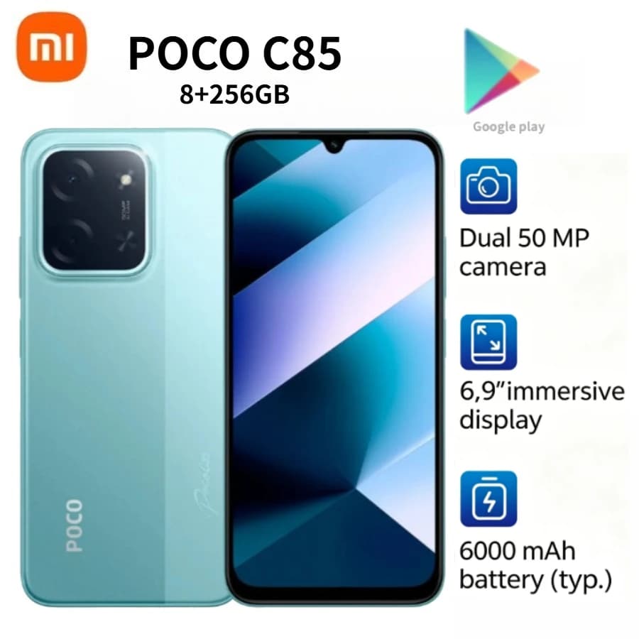 هاتف POCO C85 الإصدار العالمي، طراز 2026، ذاكرة 8 جيجابايت + 256 جيجابايت، شاشة HD كبيرة 6.9 بوصة، بطارية 5000 مللي أمبير تدوم طويلاً، شريحتين - 2