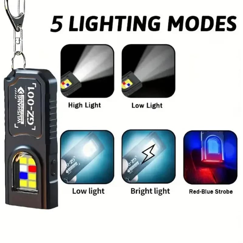 Powerful Mini COB LED Keychain Flashlight USB C Rechargeable Hanging Work Light Waterproof Keyring Camping Walking Pocket Lamp - 2