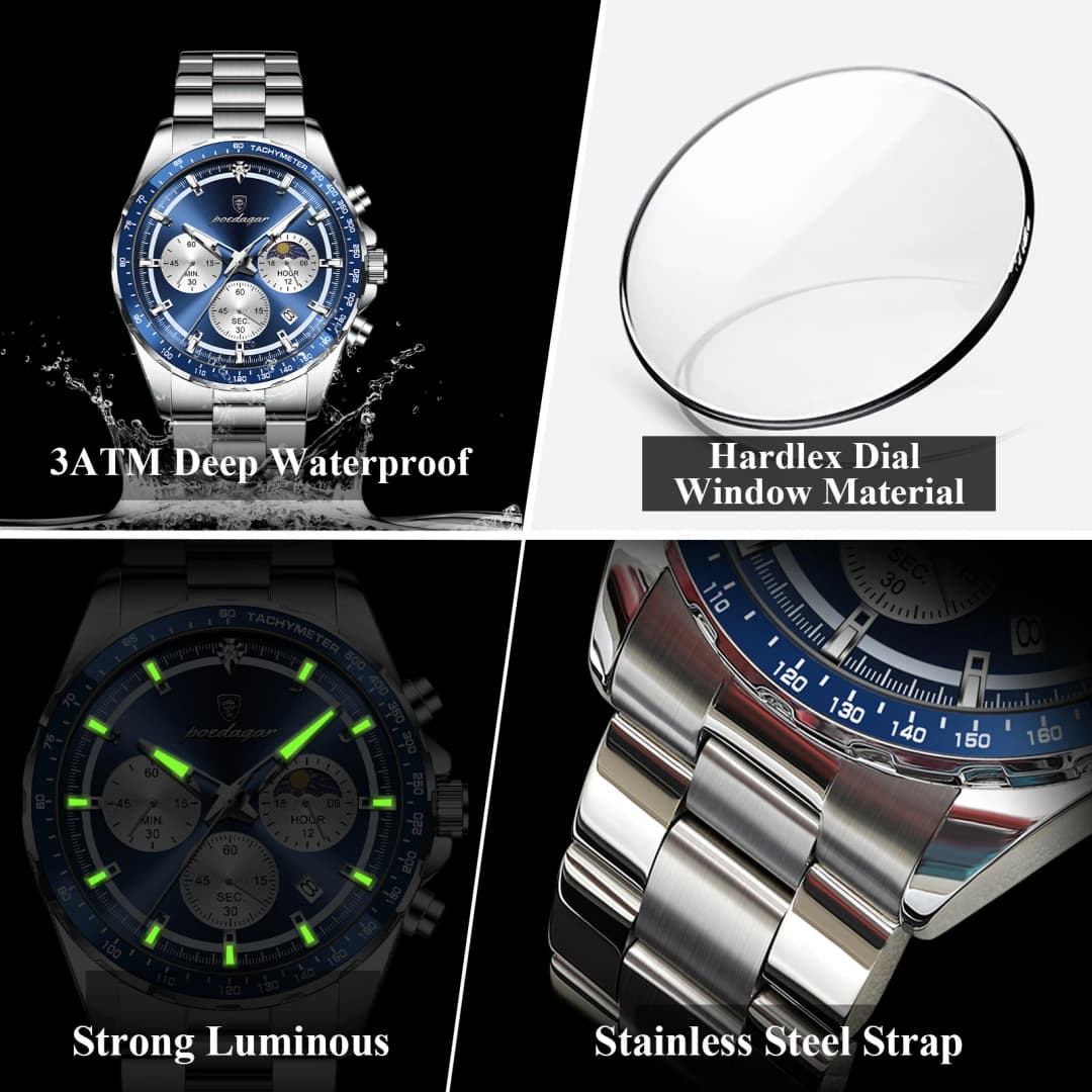 POEDAGAR Luxury Sport Watch For Men Waterproof Luminous Date Chronograph Man Wristwatch Stainless Steel Men's Quartz Watches+Box - 4