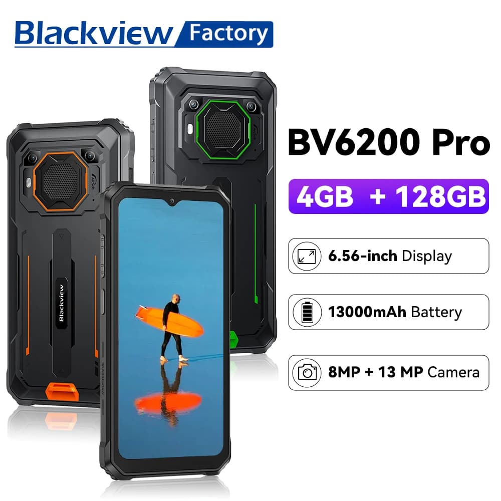 Blackview BV6200 Pro Rugged Smartphones 6.56''HD Waterproof Telephone Portable 13000mAh Battery 6GB+128GB Smartphone Android 13