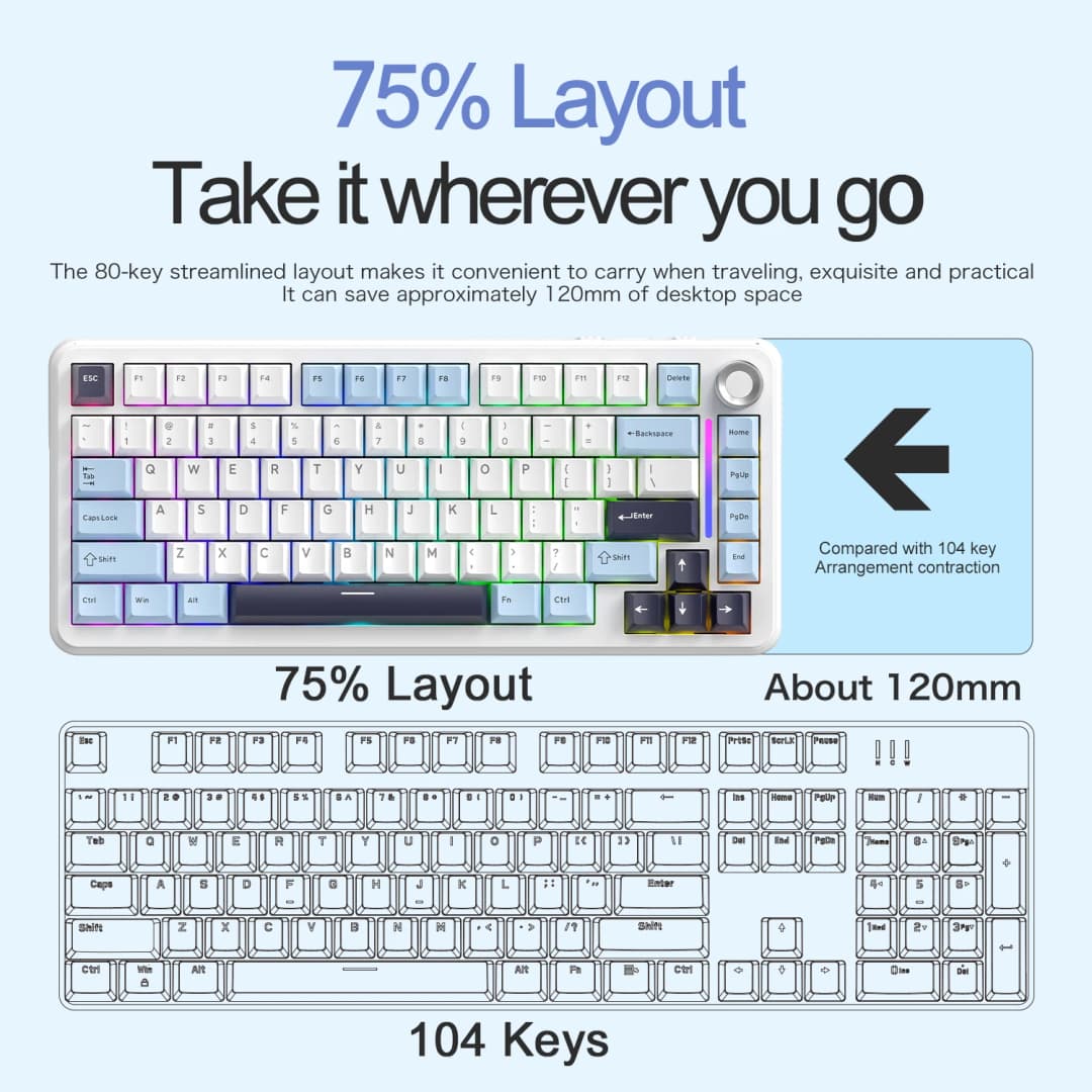F75 Mechanical Keyboard FREEWOLF 81 Keys Layout Metal Knobs PBT Keycaps,Fully Hot-swappable Keys RGB Multi-color Backlighting - 3
