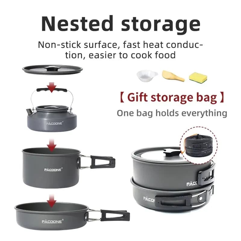 PACOONE Camping Cookware Set Portable Cookware Kit Outdoor Pot Cooking Water Kettle Pan Set Tableware Hiking Picnic Equipment - 4