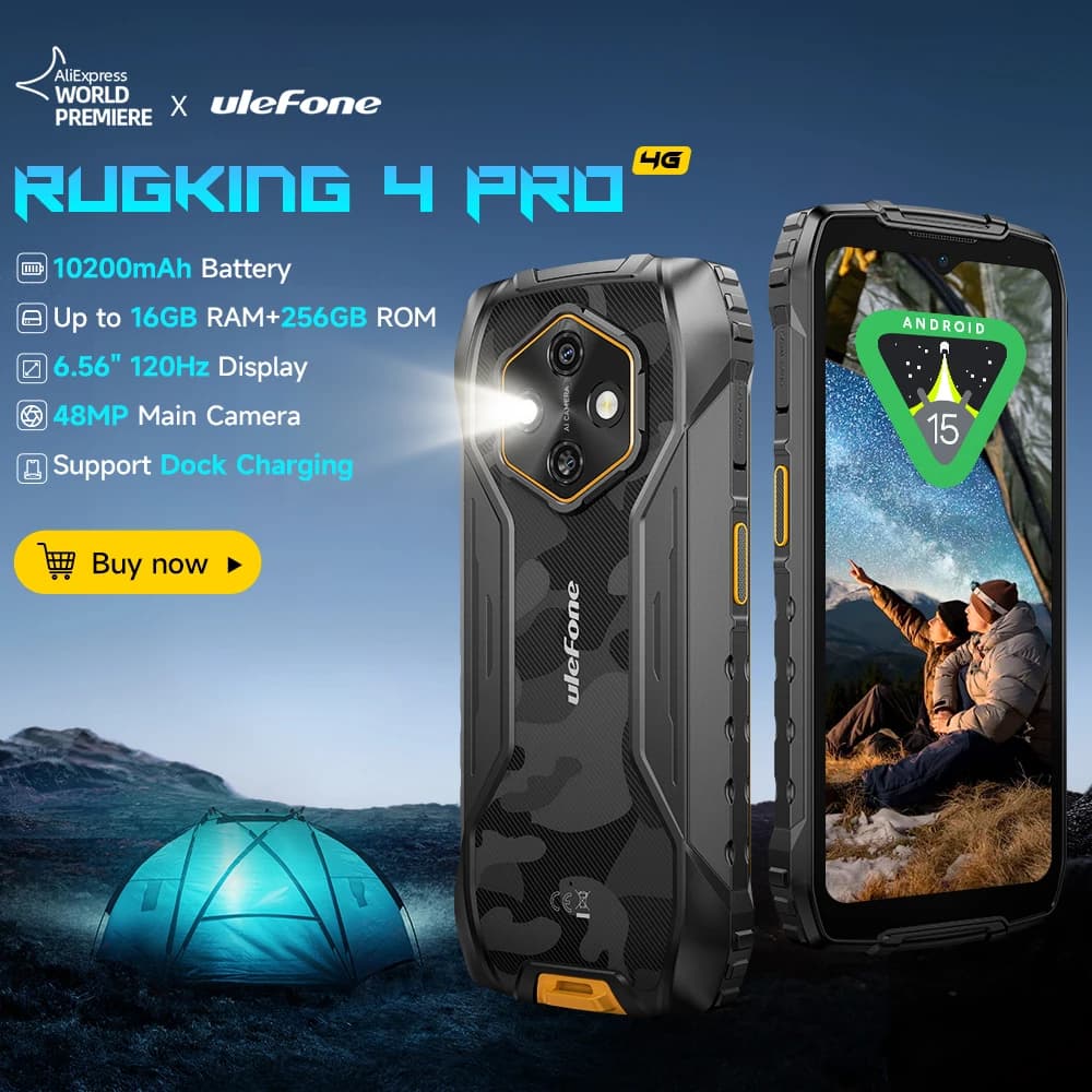هاتف Ulefone RugKing 4 Pro متين بنظام Android 15 حتى 16 جيجابايت + 256 جيجابايت هاتف ذكي مقاوم للماء 10200 مللي أمبير في الساعة كاميرا 48 ميجابكسل NFC عالمي 6.56 بوصة 120 هرتز