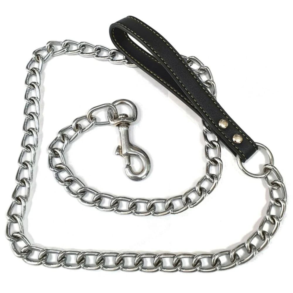 Metal Chain Dog Lead With Leather Style Handle Strong Control Leash Iron Dog Pets Supplies Collars Harnesses - 3