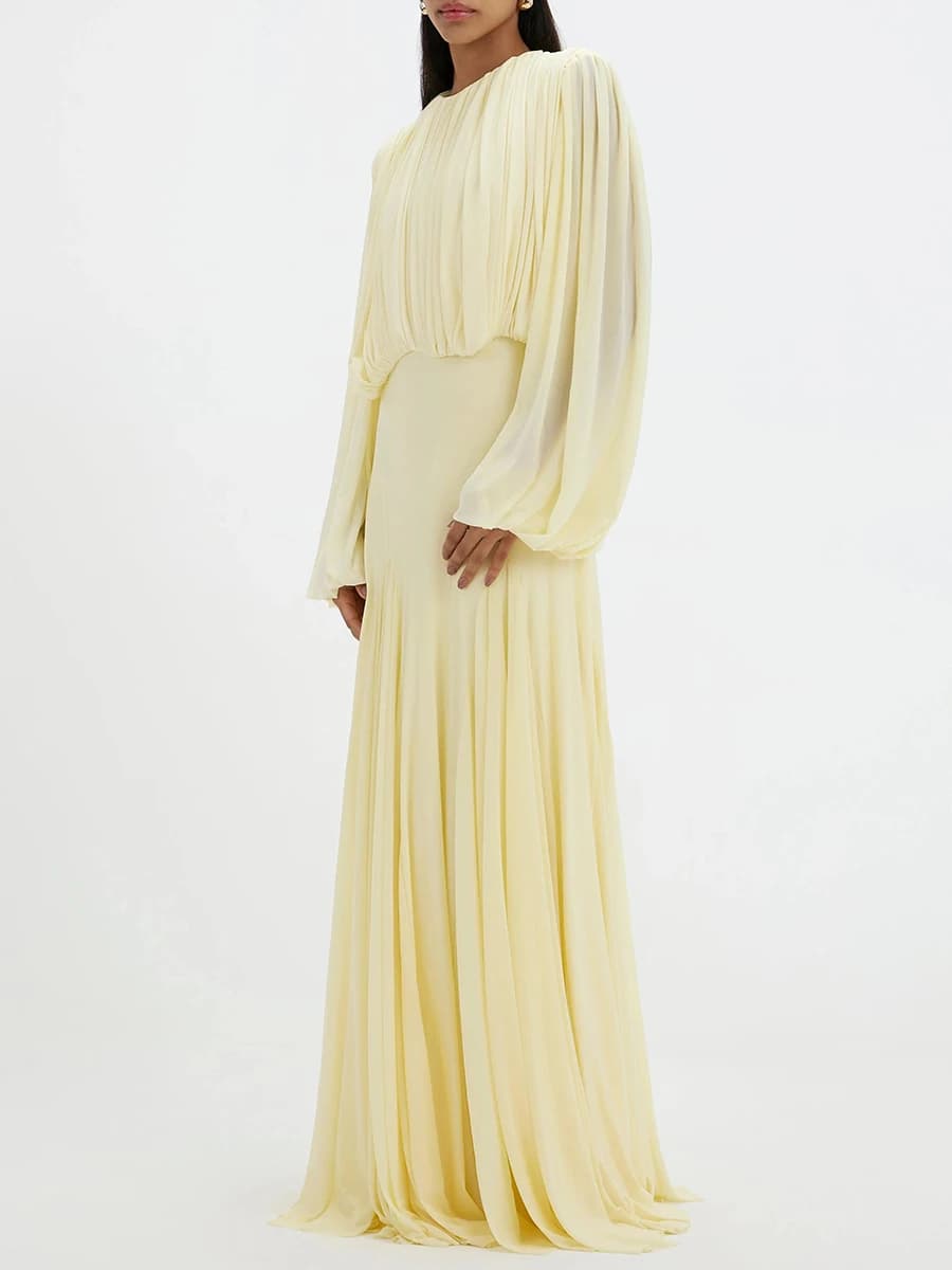 VGH Yellow Dinner Loose Folds Maxi Dresses for Women O Neck Shoulder Pud High Waist Temperament Dress Female Fashion Clothing - 2