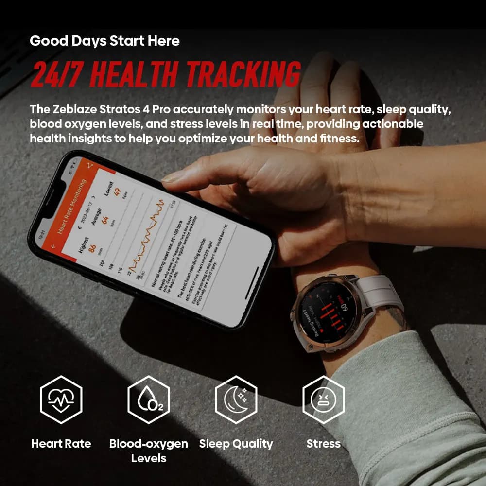 ساعة ذكية زيبليز ستراتوس 4 برو، GPS، شاشة AMOLED، تنزيل خرائط مجاني، كشاف ضوئي بلونين، تخزين موسيقى - 4