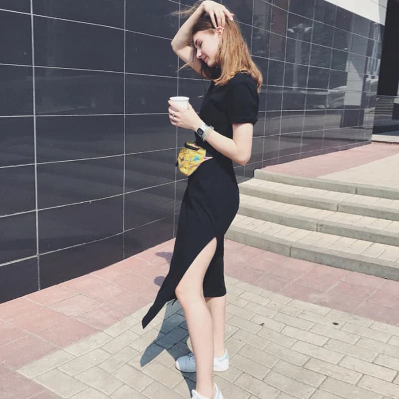 Summer Korean Style Midi Dress Women Casual Black Long Dresses Short Sleeve Sexy Plus Size Side Open Party Maxi T Shirt Dress - 4