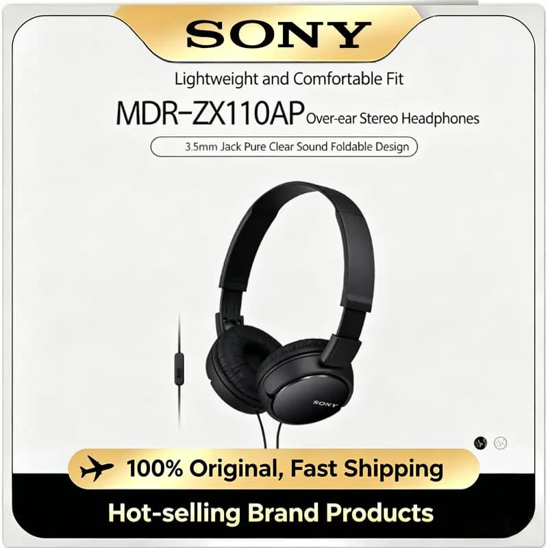 Original Sony MDR-ZX110AP Wired Headset Stereo Sound 3.5mm Foldable On-Ear Headphones with Built-in Mic
