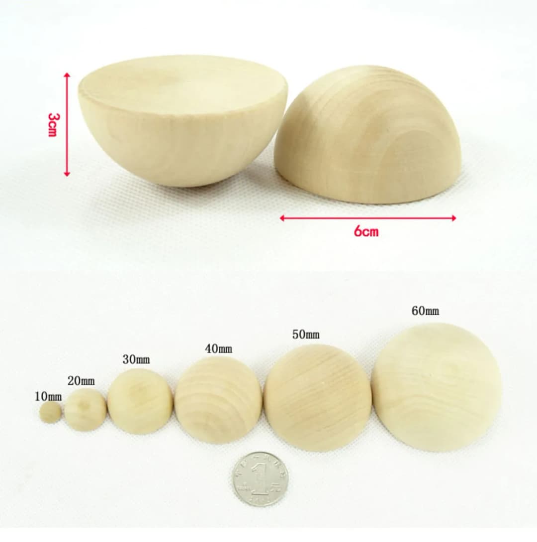 Split Half Wood Balls Bead Ø10mm - 90mm Unfinished Natural Wood Beads Flatback Cabochon For DIY Craft Toy Home Decor