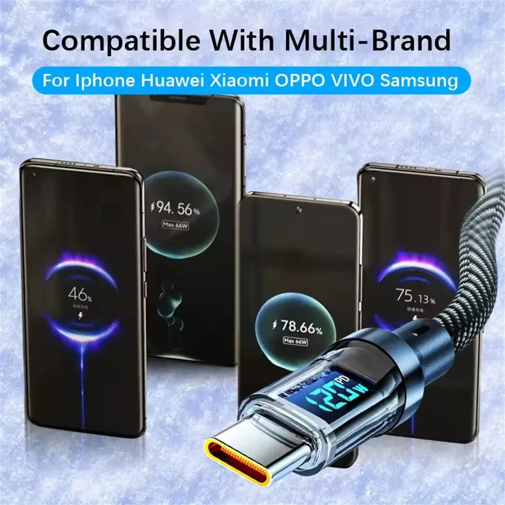 كابل USB إلى النوع C 120 وات مع شاشة رقمية شحن سريع للغاية 100 وات PD كابل بيانات من النوع C إلى النوع C لهاتف Xiaomi Samsung Huawei - 5